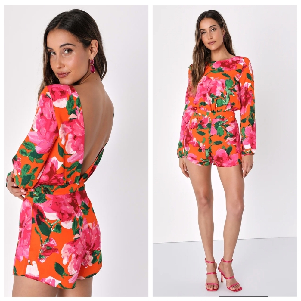 Lulu's Romper Sweetest Song Orange Floral Print Backless Long  Sleeve NWT